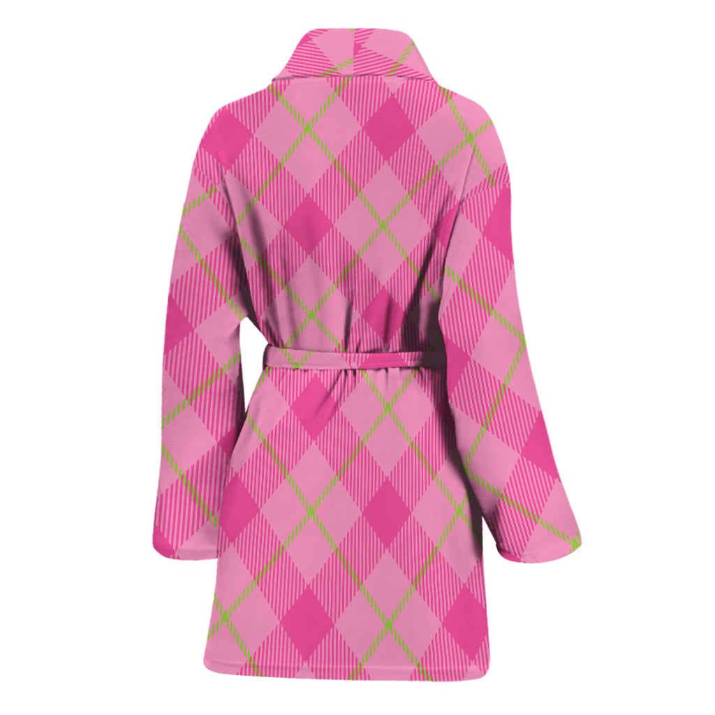 Pink And Green Plaid Pattern Print Women's Bathrobe