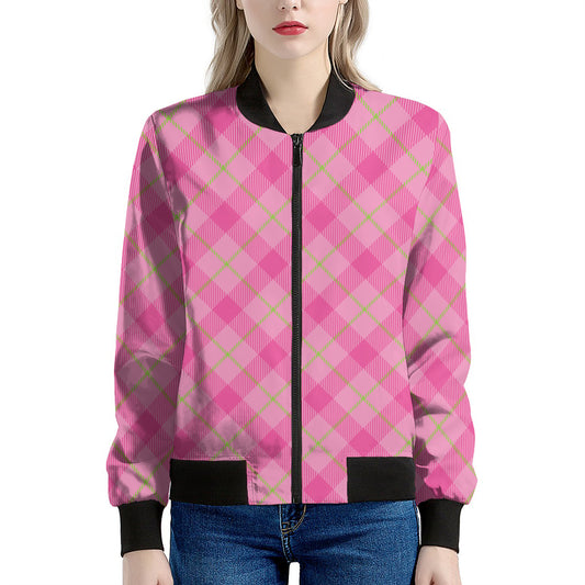 Pink And Green Plaid Pattern Print Women's Bomber Jacket