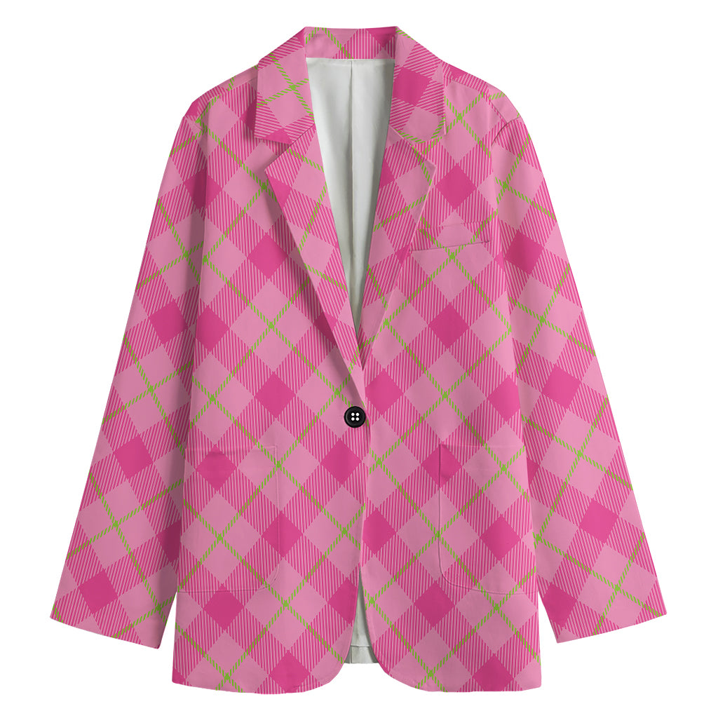 Pink And Green Plaid Pattern Print Women's Cotton Blazer