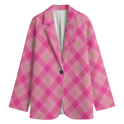 Pink And Green Plaid Pattern Print Women's Cotton Blazer
