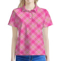 Pink And Green Plaid Pattern Print Women's Polo Shirt