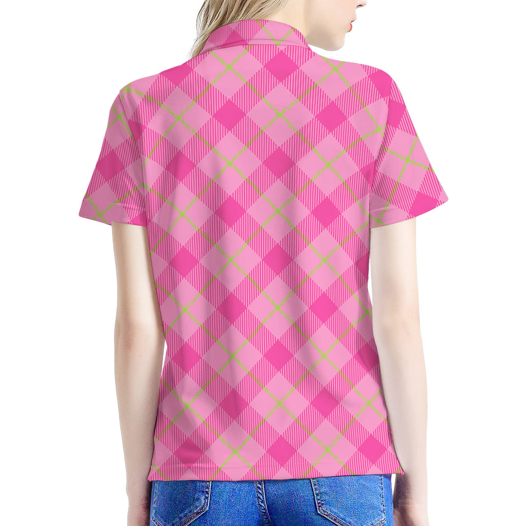 Pink And Green Plaid Pattern Print Women's Polo Shirt