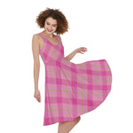 Pink And Green Plaid Pattern Print Women's Sleeveless Dress