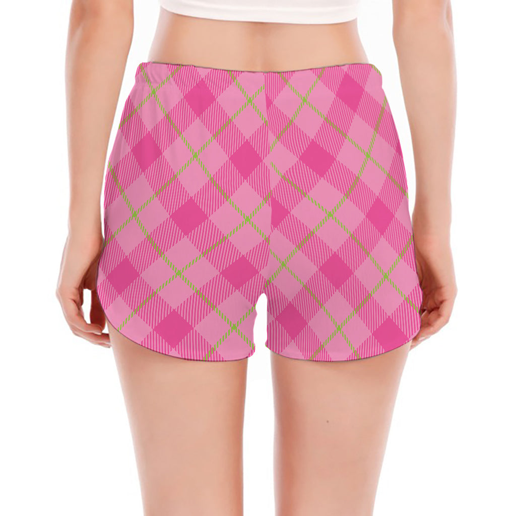 Pink And Green Plaid Pattern Print Women's Split Running Shorts