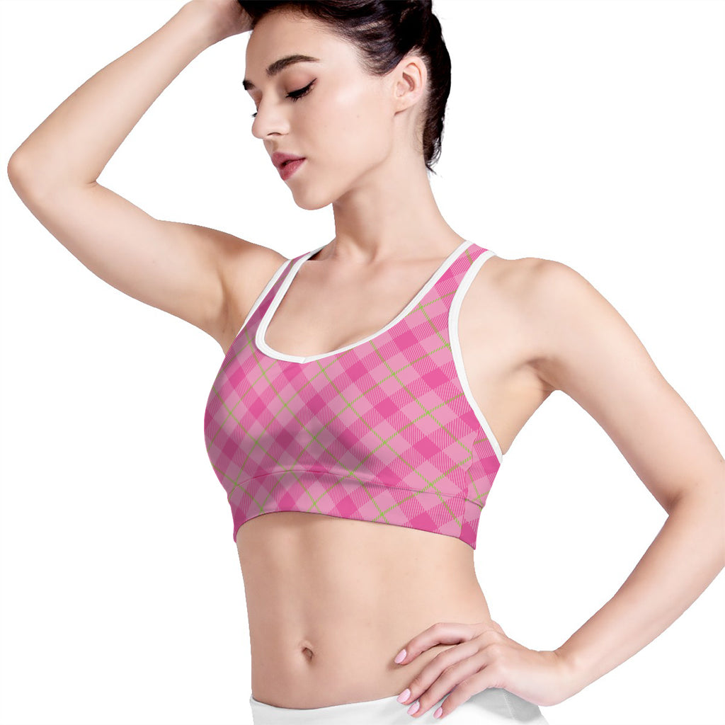 Pink And Green Plaid Pattern Print Women's Sports Bra