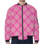 Pink And Green Plaid Pattern Print Zip Sleeve Bomber Jacket