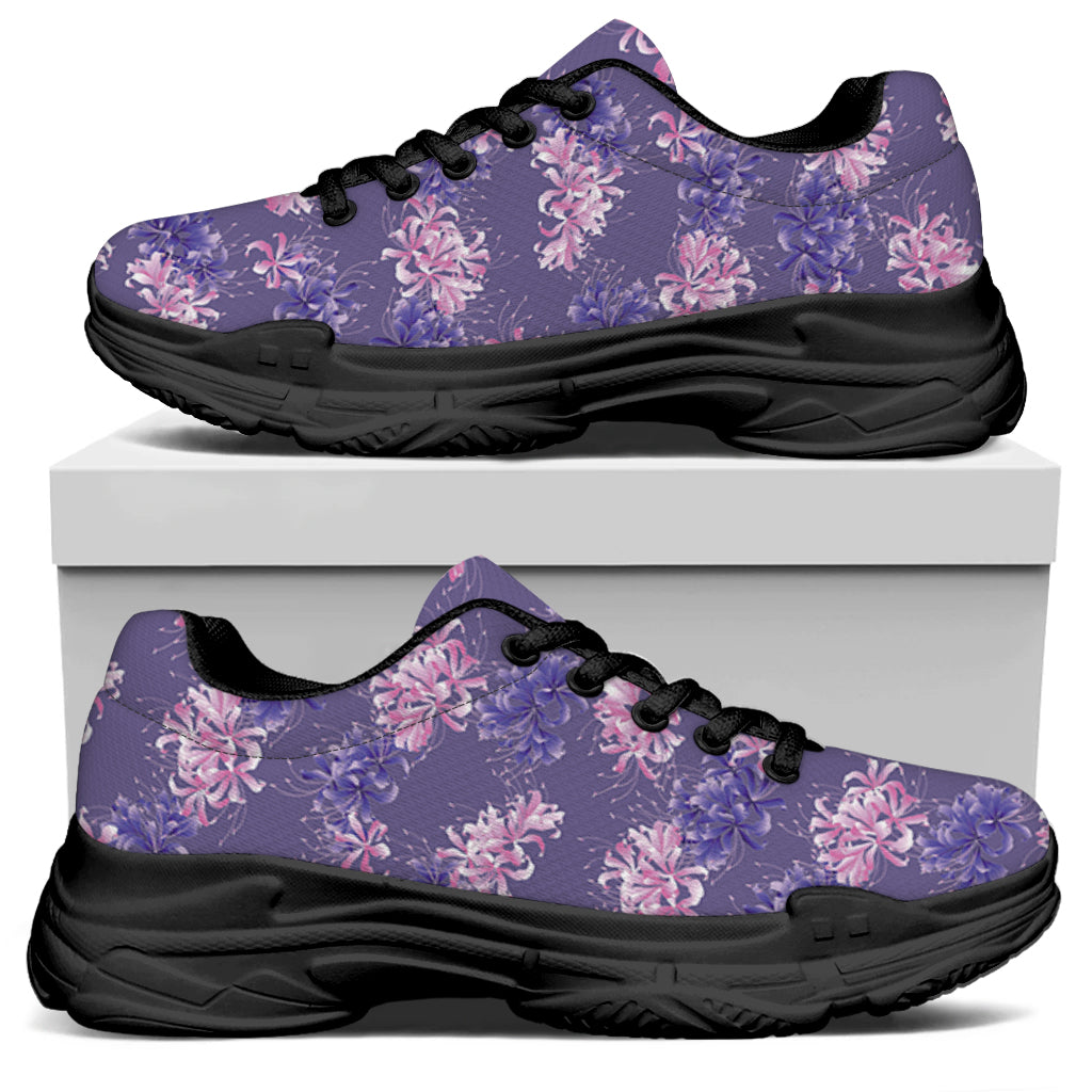 Pink And Purple Japanese Amaryllis Print Black Chunky Shoes