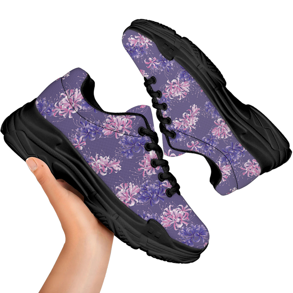 Pink And Purple Japanese Amaryllis Print Black Chunky Shoes