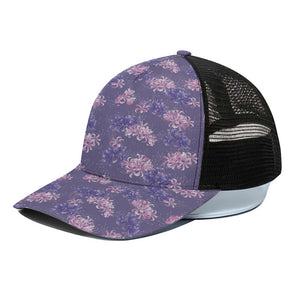 Pink And Purple Japanese Amaryllis Print Black Mesh Trucker Cap