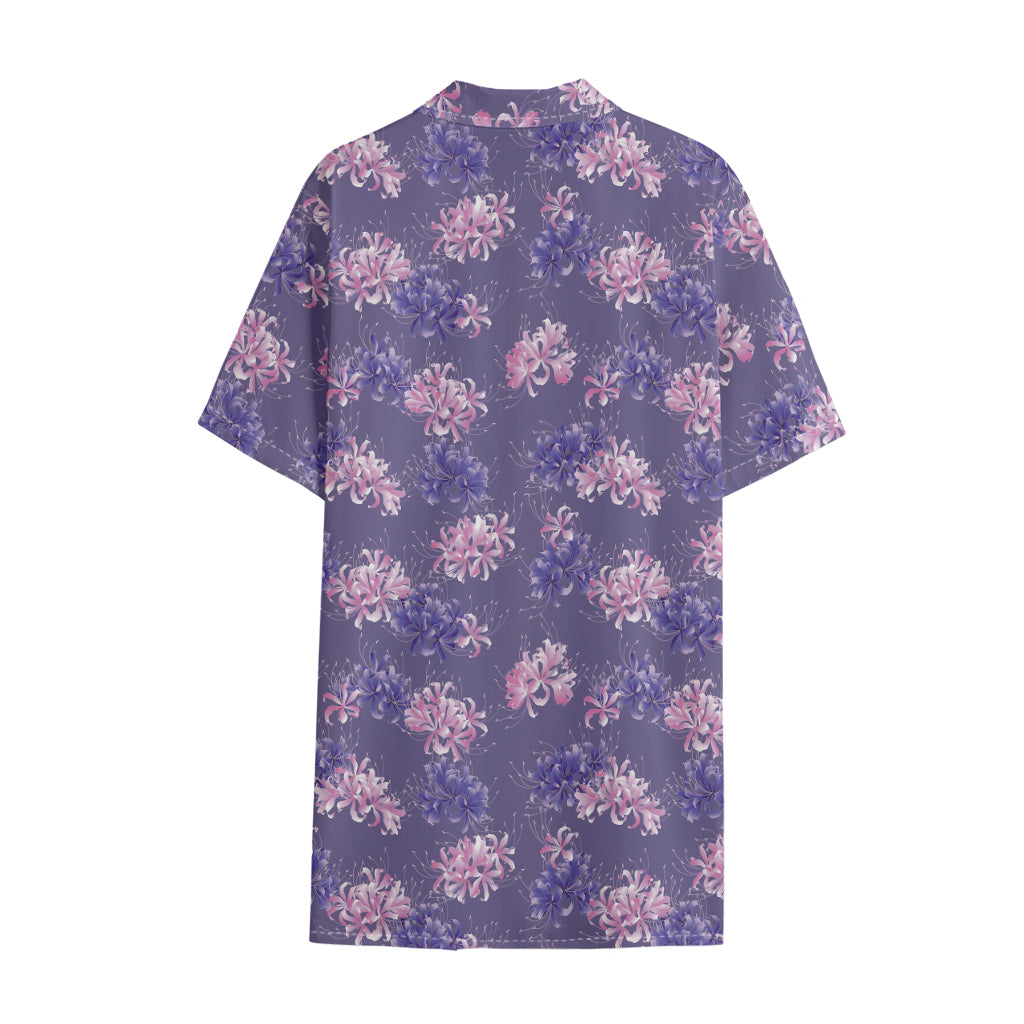 Pink And Purple Japanese Amaryllis Print Cotton Hawaiian Shirt