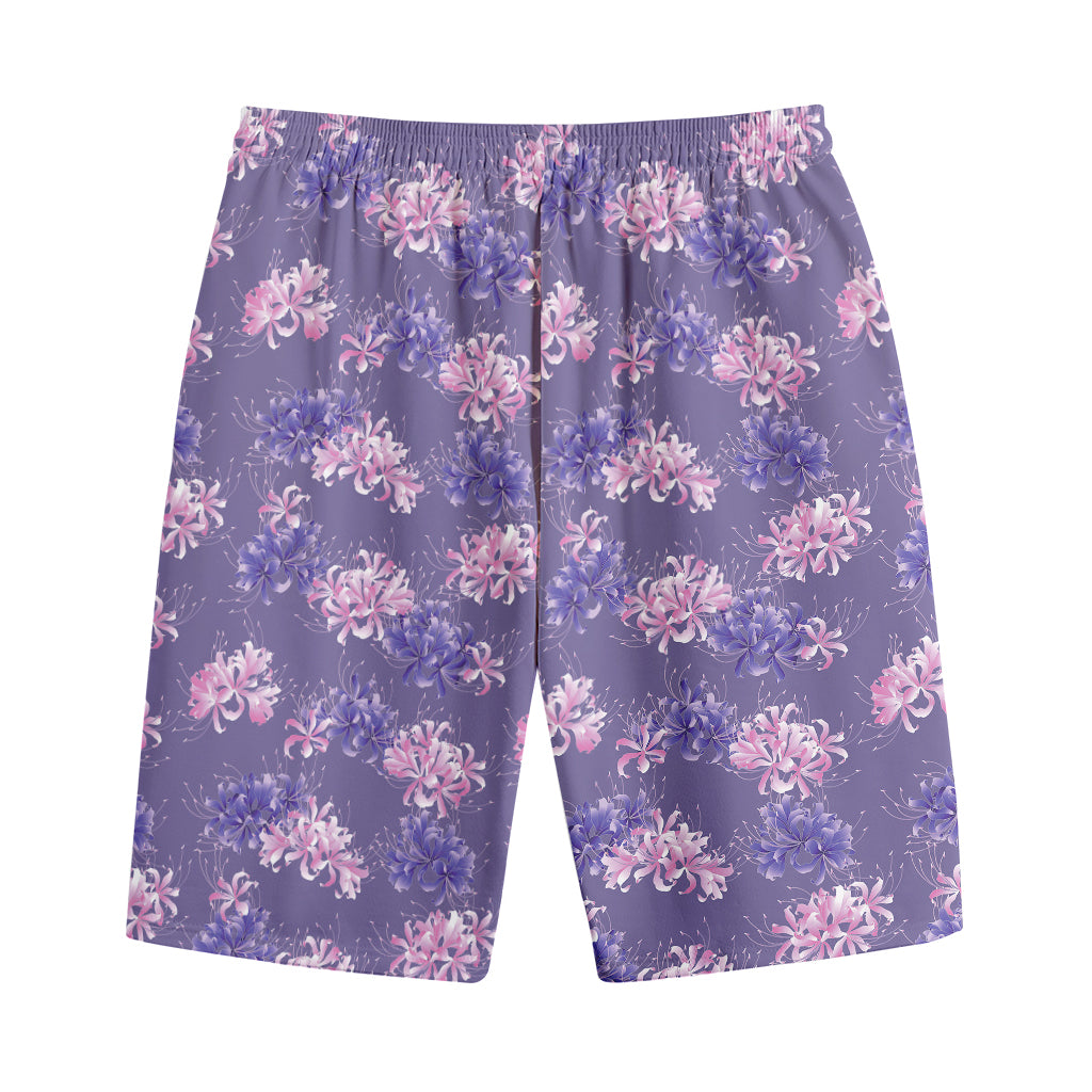 Pink And Purple Japanese Amaryllis Print Cotton Shorts