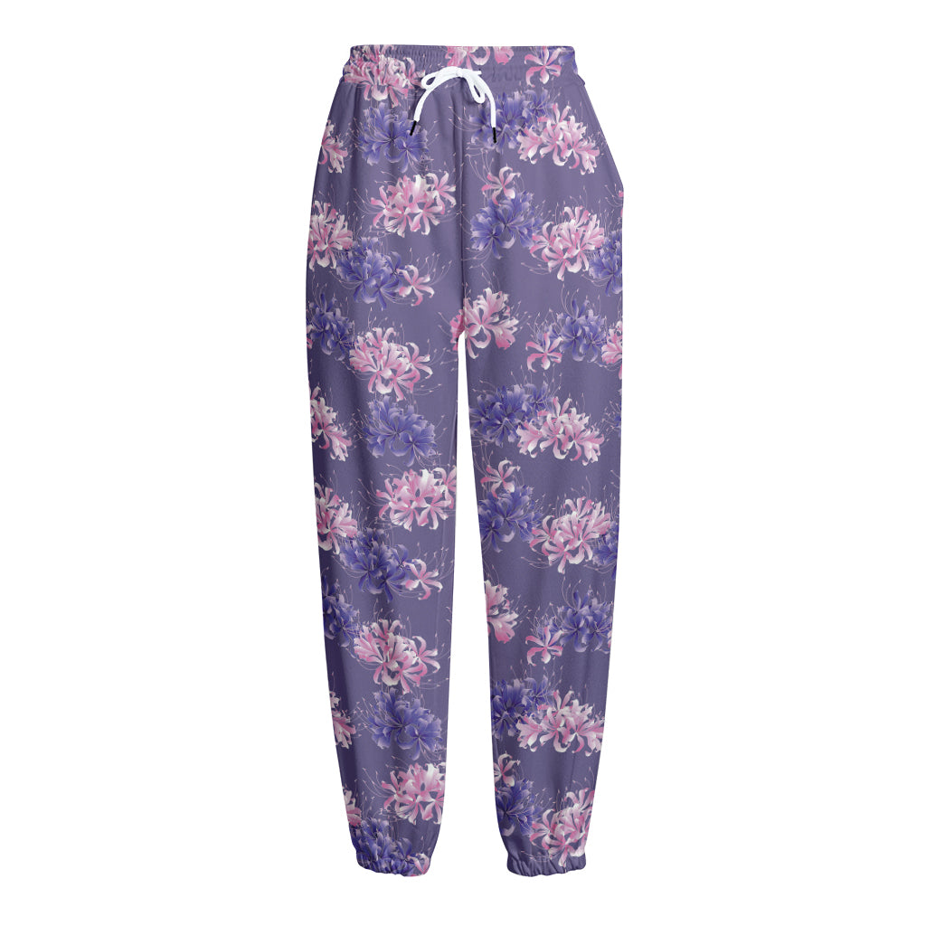 Pink And Purple Japanese Amaryllis Print Fleece Lined Knit Pants