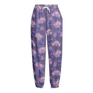 Pink And Purple Japanese Amaryllis Print Fleece Lined Knit Pants