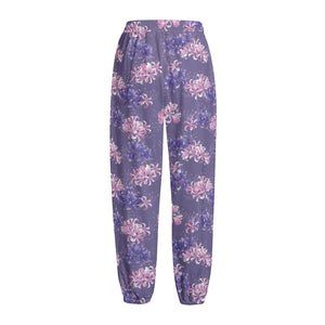 Pink And Purple Japanese Amaryllis Print Fleece Lined Knit Pants