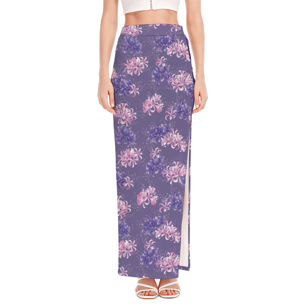 Pink And Purple Japanese Amaryllis Print High Slit Maxi Skirt