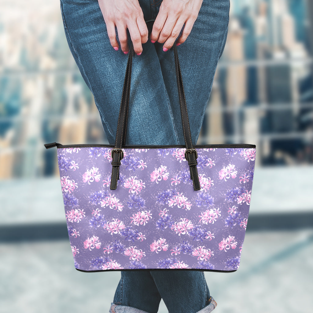 Pink And Purple Japanese Amaryllis Print Leather Tote Bag