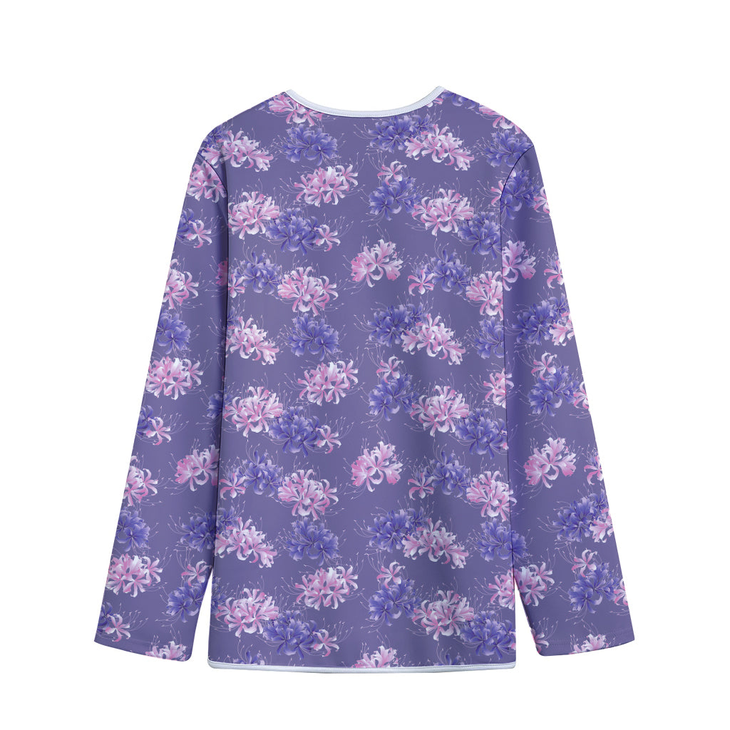 Pink And Purple Japanese Amaryllis Print Long Sleeve Short Coat