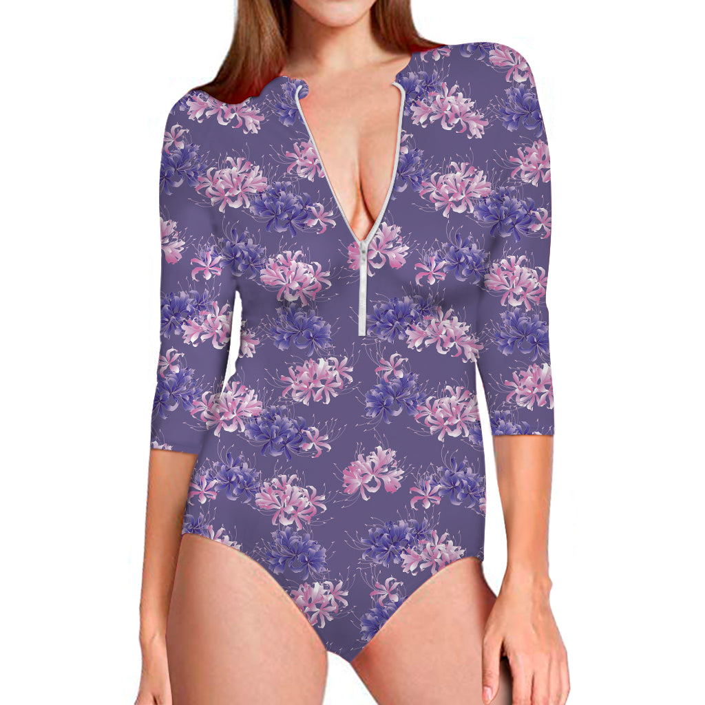 Pink And Purple Japanese Amaryllis Print Long Sleeve Swimsuit