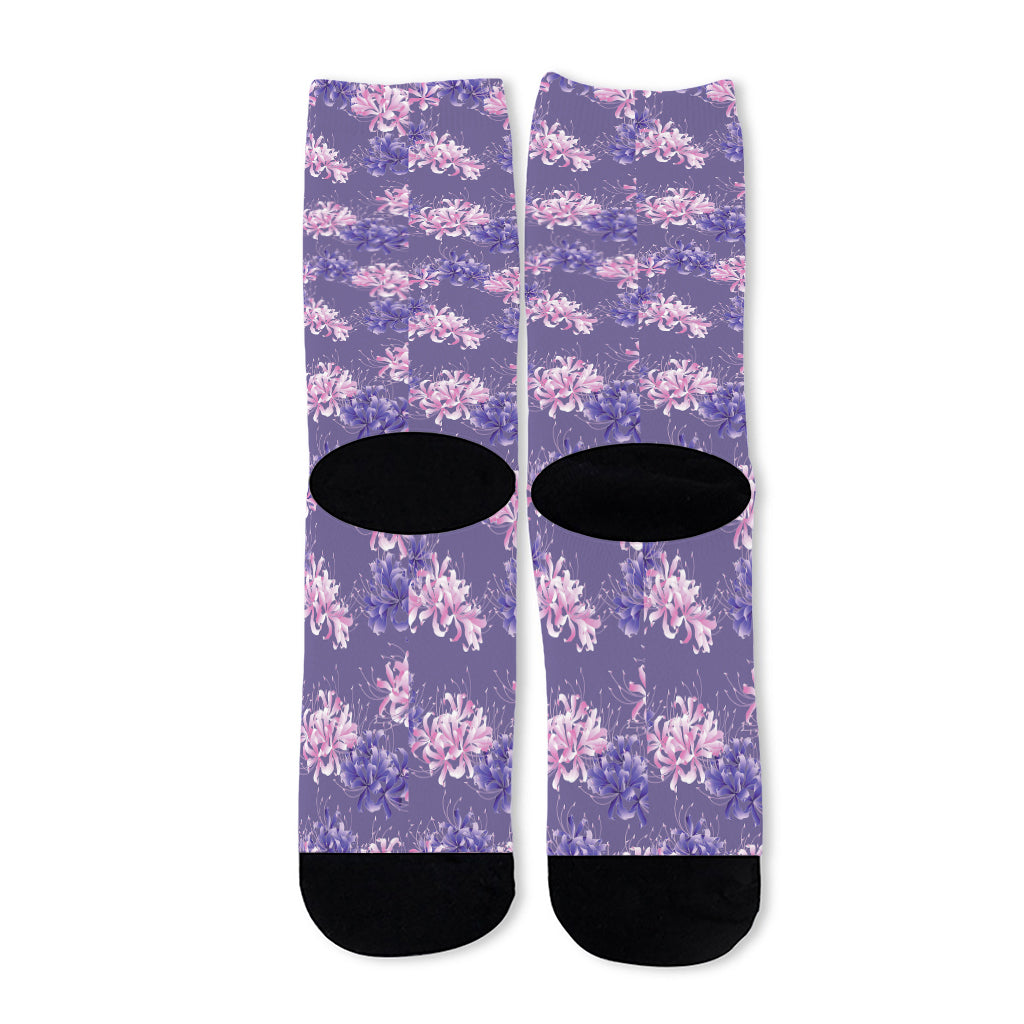 Pink And Purple Japanese Amaryllis Print Long Socks