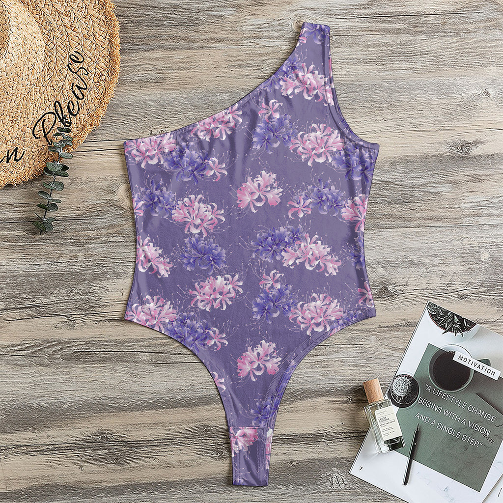 Pink And Purple Japanese Amaryllis Print One Shoulder Bodysuit