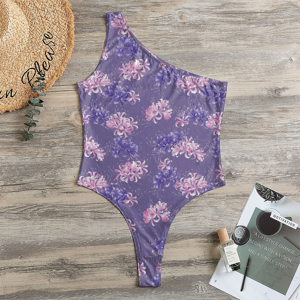 Pink And Purple Japanese Amaryllis Print One Shoulder Bodysuit