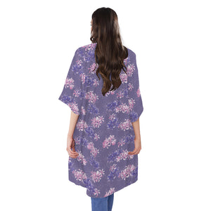 Pink And Purple Japanese Amaryllis Print Open Front Beach Cover Up