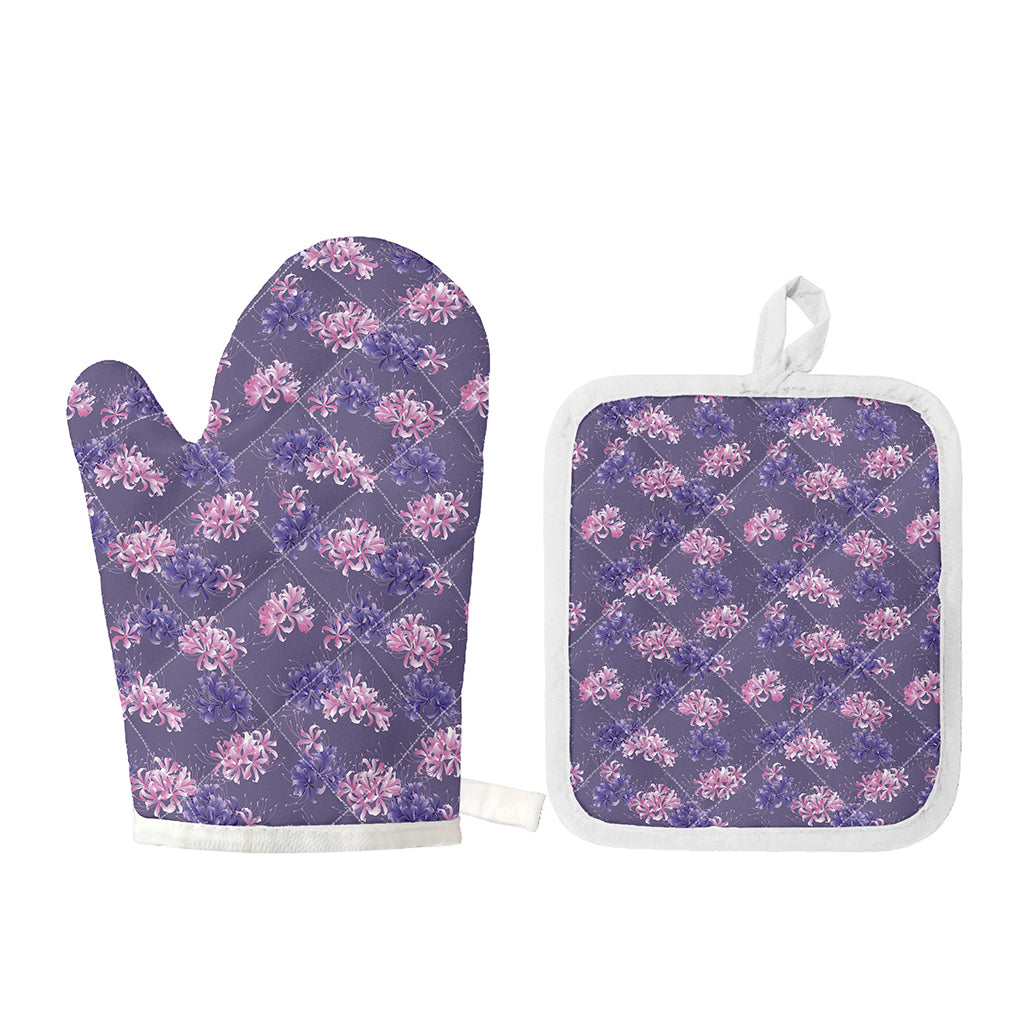 Pink And Purple Japanese Amaryllis Print Oven Mitt And Pot Holder Set