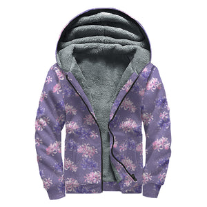 Pink And Purple Japanese Amaryllis Print Sherpa Lined Zip Up Hoodie