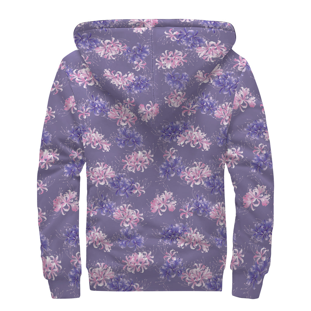 Pink And Purple Japanese Amaryllis Print Sherpa Lined Zip Up Hoodie