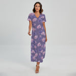 Pink And Purple Japanese Amaryllis Print Short Sleeve Maxi Dress