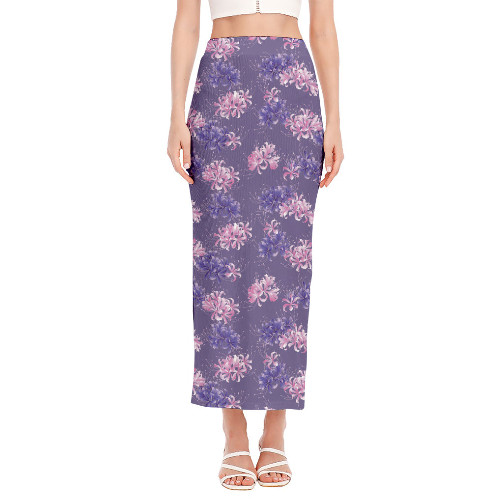 Pink And Purple Japanese Amaryllis Print Side Slit Maxi Skirt