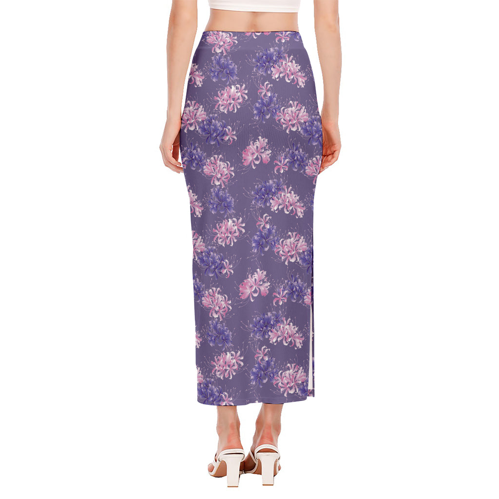 Pink And Purple Japanese Amaryllis Print Side Slit Maxi Skirt