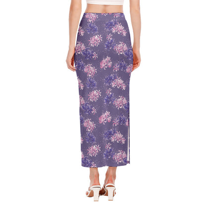 Pink And Purple Japanese Amaryllis Print Side Slit Maxi Skirt