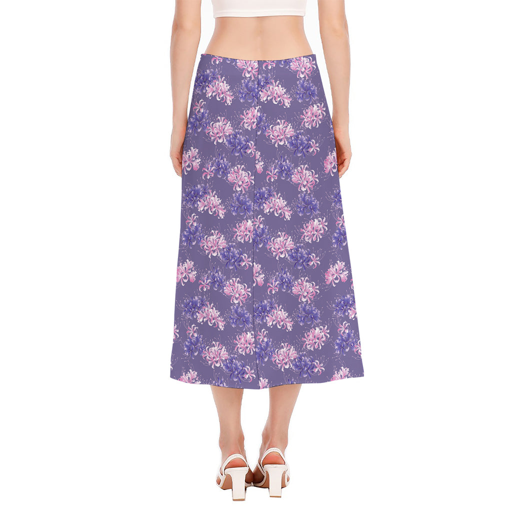 Pink And Purple Japanese Amaryllis Print Side Slit Midi Skirt