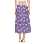 Pink And Purple Japanese Amaryllis Print Side Slit Midi Skirt