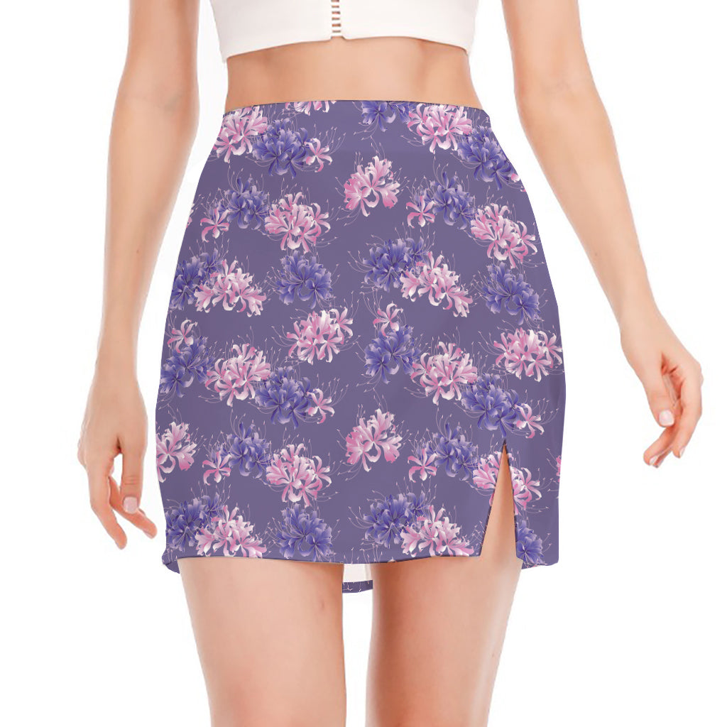 Pink And Purple Japanese Amaryllis Print Side Slit Mini Skirt