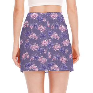 Pink And Purple Japanese Amaryllis Print Side Slit Mini Skirt