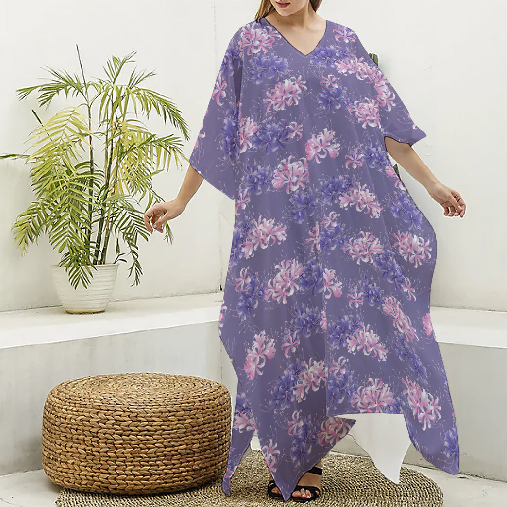 Pink And Purple Japanese Amaryllis Print Silk V-Neck Kaftan Dress