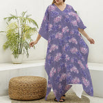 Pink And Purple Japanese Amaryllis Print Silk V-Neck Kaftan Dress