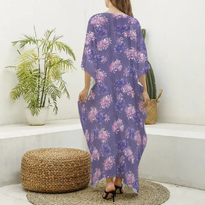 Pink And Purple Japanese Amaryllis Print Silk V-Neck Kaftan Dress