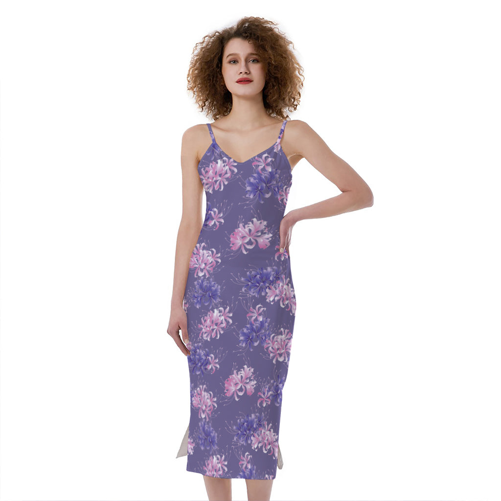 Pink And Purple Japanese Amaryllis Print Slim Fit Midi Cami Dress