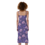 Pink And Purple Japanese Amaryllis Print Slim Fit Midi Cami Dress