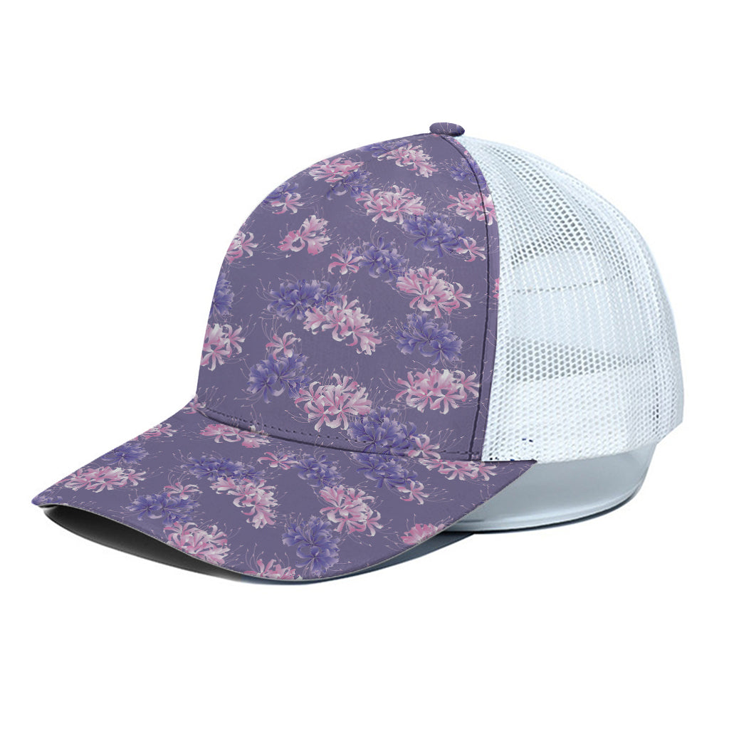 Pink And Purple Japanese Amaryllis Print White Mesh Trucker Cap