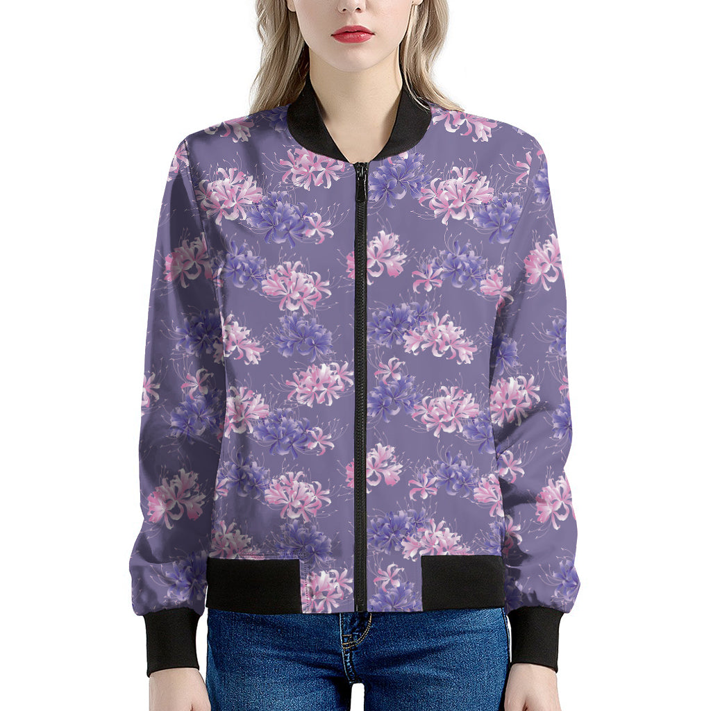 Pink And Purple Japanese Amaryllis Print Women's Bomber Jacket