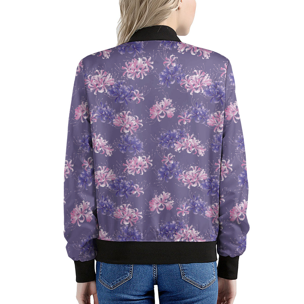 Pink And Purple Japanese Amaryllis Print Women's Bomber Jacket