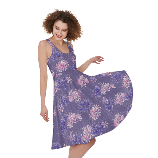 Pink And Purple Japanese Amaryllis Print Women's Sleeveless Dress
