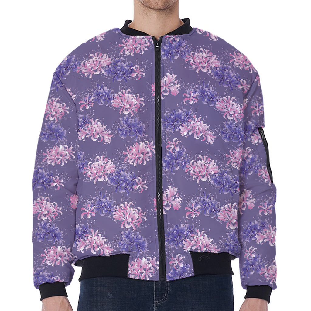 Pink And Purple Japanese Amaryllis Print Zip Sleeve Bomber Jacket