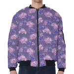 Pink And Purple Japanese Amaryllis Print Zip Sleeve Bomber Jacket