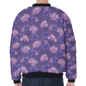 Pink And Purple Japanese Amaryllis Print Zip Sleeve Bomber Jacket