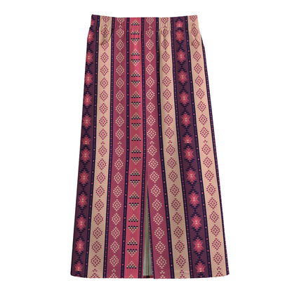 Pink And Purple Southwestern Print Cotton Front Slit Maxi Skirt